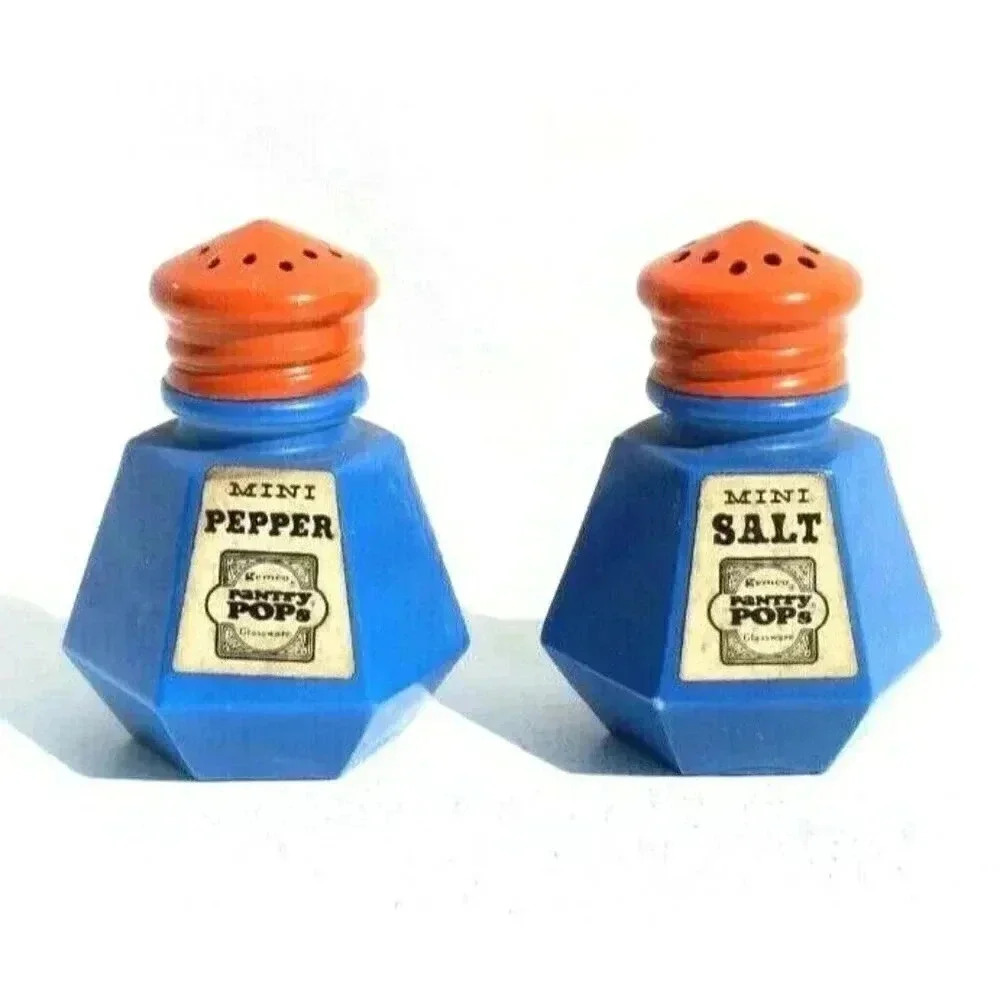 Vintage Gemco Glassware Orange / Blue Mini Pantry Pops Salt & Pepper Shaker Set